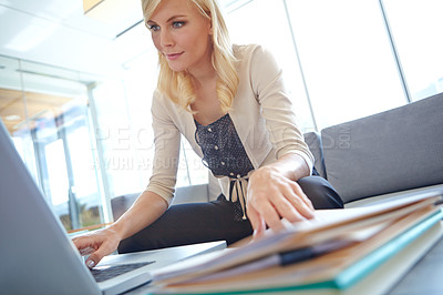 Buy stock photo Business, documents and woman with laptop, typing and connection with research, website info and paperwork. App, employee and consultant with pc, risk management or compliance policy in modern office