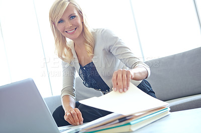 Buy stock photo Documents, portrait and smile with business woman at desk in office for administration or planning. Files laptop and research with happy employee in professional workplace for agenda or schedule