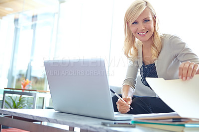 Buy stock photo Documents, portrait and writing with business woman at desk in office for administration or planning. Laptop, research and smile with happy employee in professional workplace for agenda or schedule