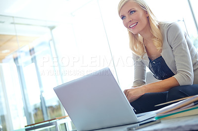 Buy stock photo Business woman, laptop and happy for research, website and online application in office with books. Employee, tech and sign up for project management workflow app or kpi tools in workplace with smile