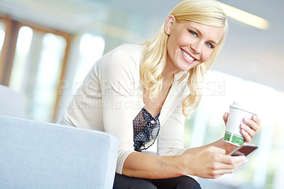 Buy stock photo Coffee, phone and portrait with woman employee on chair in office for administration or planning. Drink, mobile and smile with happy business professional in workplace for break or communication