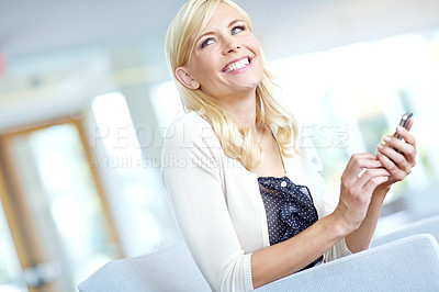 Buy stock photo Woman, thinking and phone in office with happiness, contact and positive feedback for company. Mobile, intern or smile in lobby for job opportunity, communication or excited with blog post for update