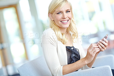 Buy stock photo Phone, smile and portrait of businesswoman on chair for online communication with finance client. Happy, contact and female financial manager with email for investment revenue payout in office.