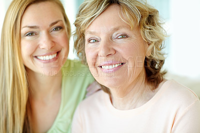 Buy stock photo Home, senior mother and woman in portrait with smile, funny memory and connection with bonding together. Happy people, mom and adult daughter with love embrace for family, relationship and laughing