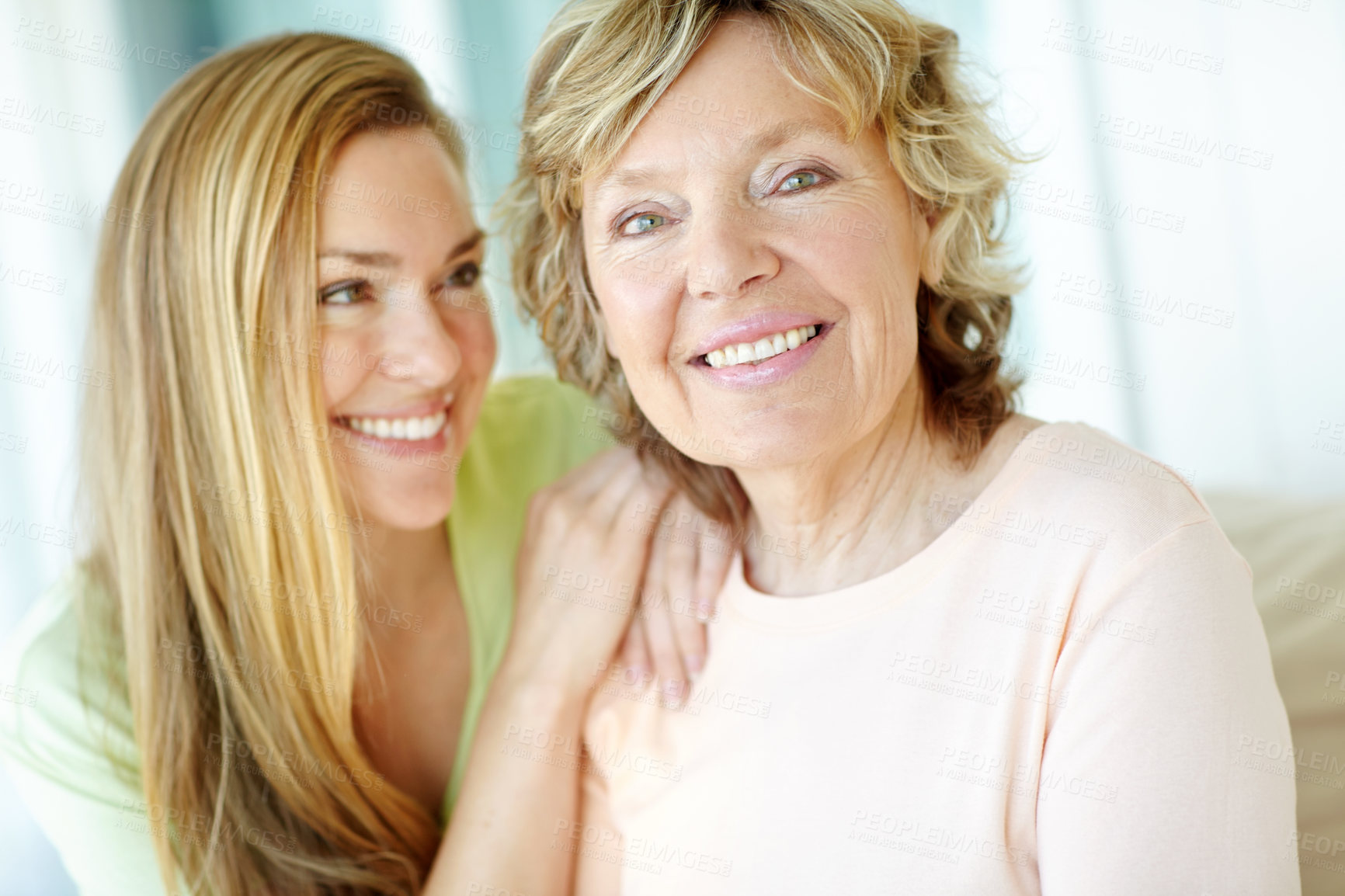 Buy stock photo Happy, portrait and woman with senior mother in home for family, connection and bonding together. Smile, relax and female person hug elderly mom with love and appreciation in living room at house.
