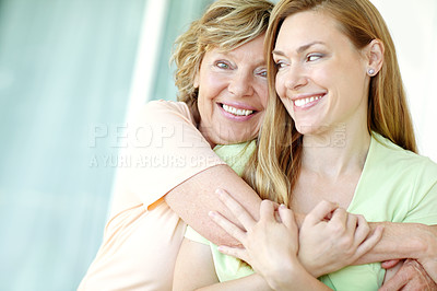 Buy stock photo Happy, hug and portrait of woman with senior mother in home for family, connection and fun together. Smile, bonding and female person embracing elderly mom with care, love and appreciation at house.