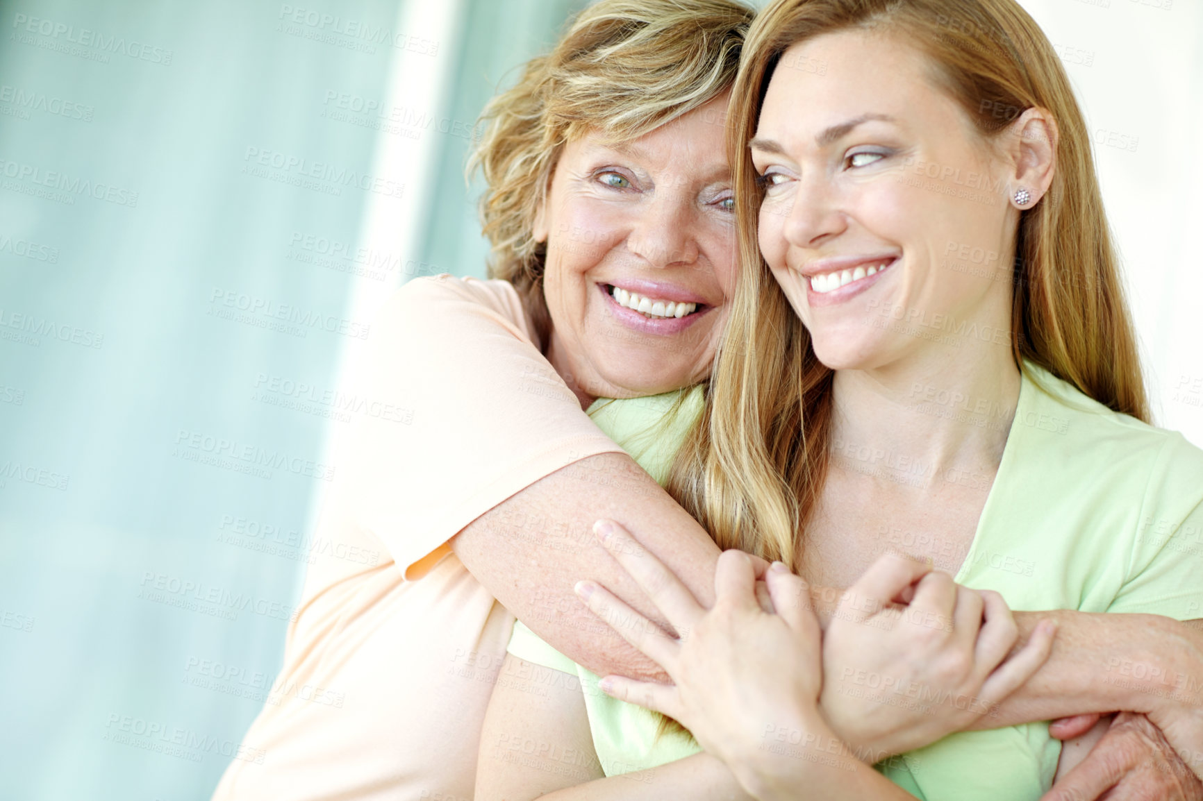 Buy stock photo Happy, hug and portrait of woman with senior mother in home for family, connection and fun together. Smile, bonding and female person embracing elderly mom with care, love and appreciation at house.