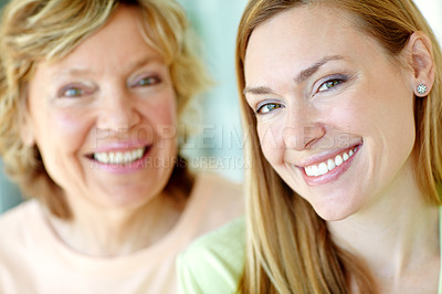 Buy stock photo Portrait, mature mother and happy daughter in house with morning bonding, smile and gratitude in living room together. Relax, senior mom and girl with love, confidence and support in family home