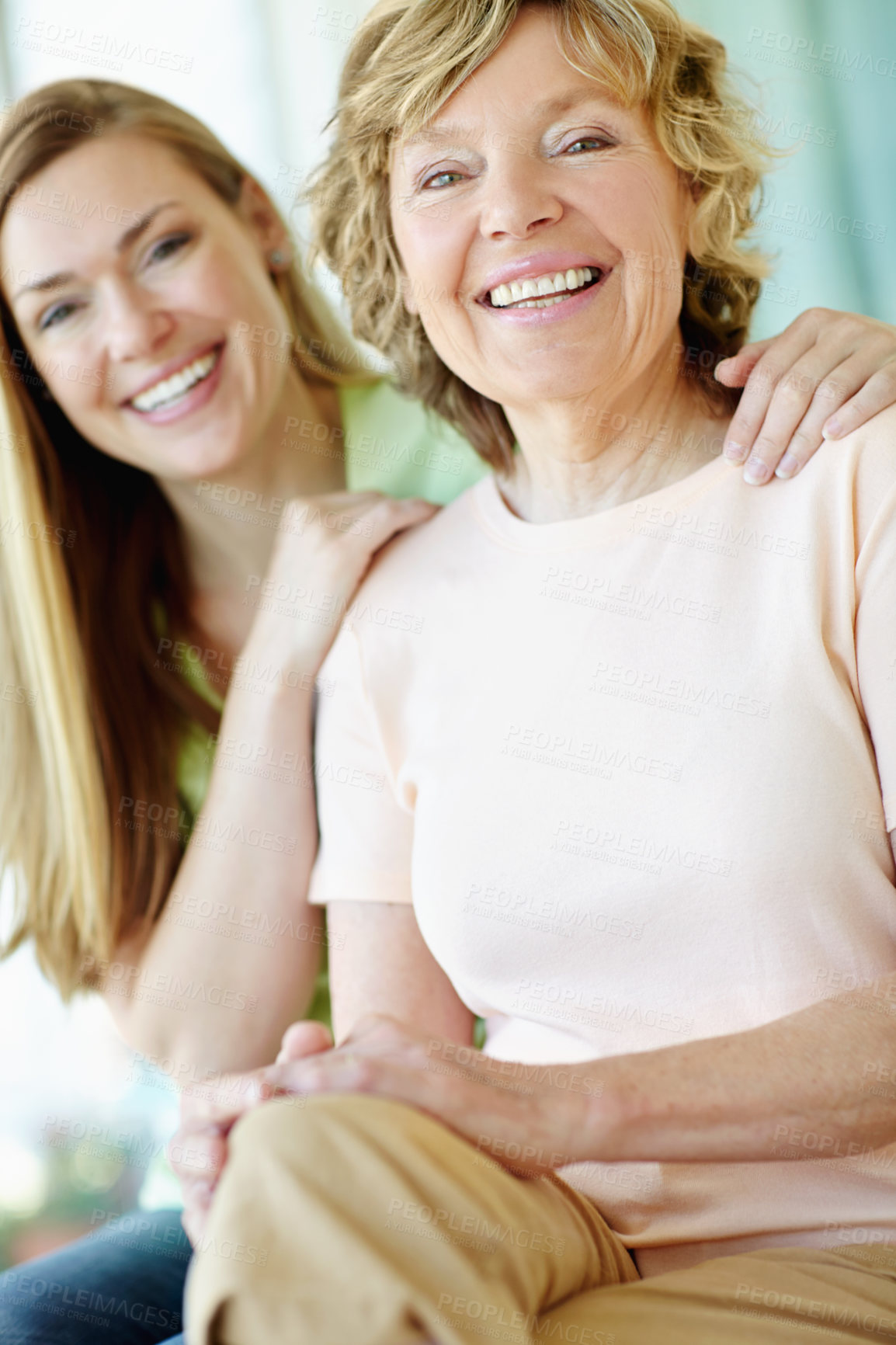 Buy stock photo Portrait, mature mother and daughter on sofa with bonding, smile and morning embrace in living room together. Relax, senior mom and girl with happy face for love, care and support in family home.