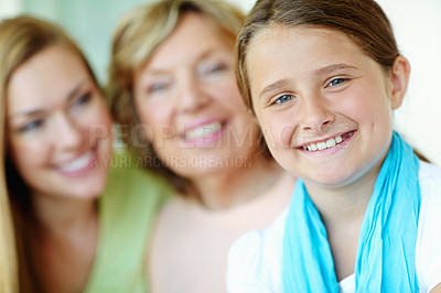 Buy stock photo Girl, happy kid and mother with grandmother in portrait for family generations, love and together. Face, mom and child with grandparent for support, care and smile with women at home in Switzerland