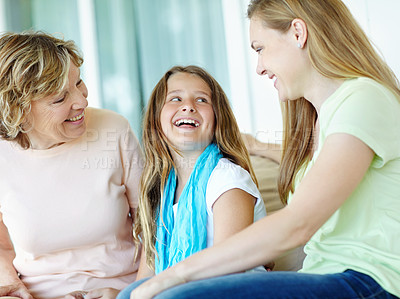 Buy stock photo Senior woman, mother and laughing with child, smile and relax on holiday or vacation for break. Happy family, grandmother and kid in bonding together for love, support and care as generation in house