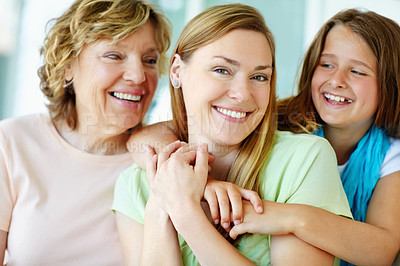 Buy stock photo Hug, happy kid and mom with grandmother for family generations with care, love and bonding together. Face, grandparent and child embrace mother for support, connection and laughing with women at home