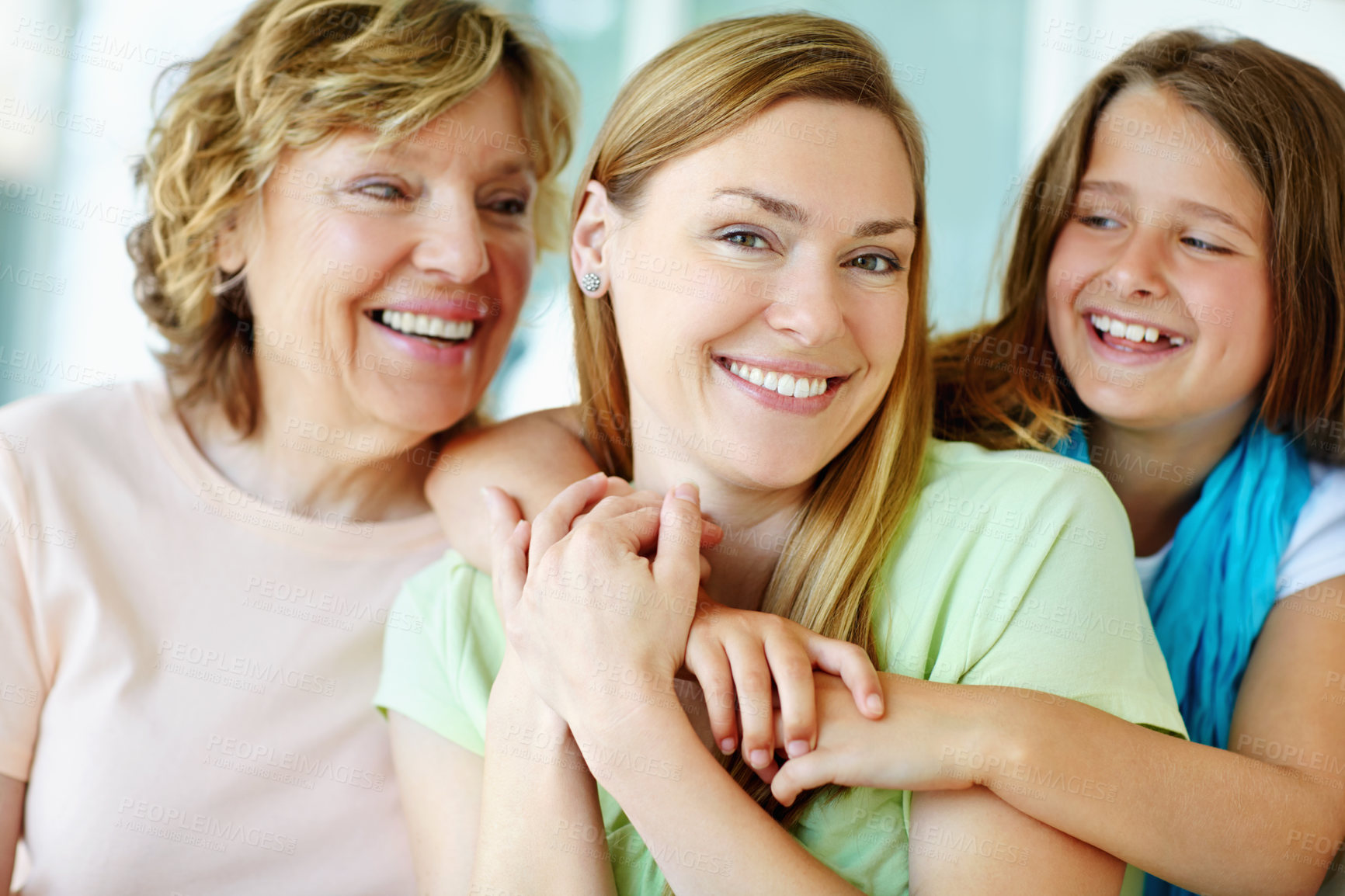 Buy stock photo Hug, happy kid and mom with grandmother for family generations with care, love and bonding together. Face, grandparent and child embrace mother for support, connection and laughing with women at home