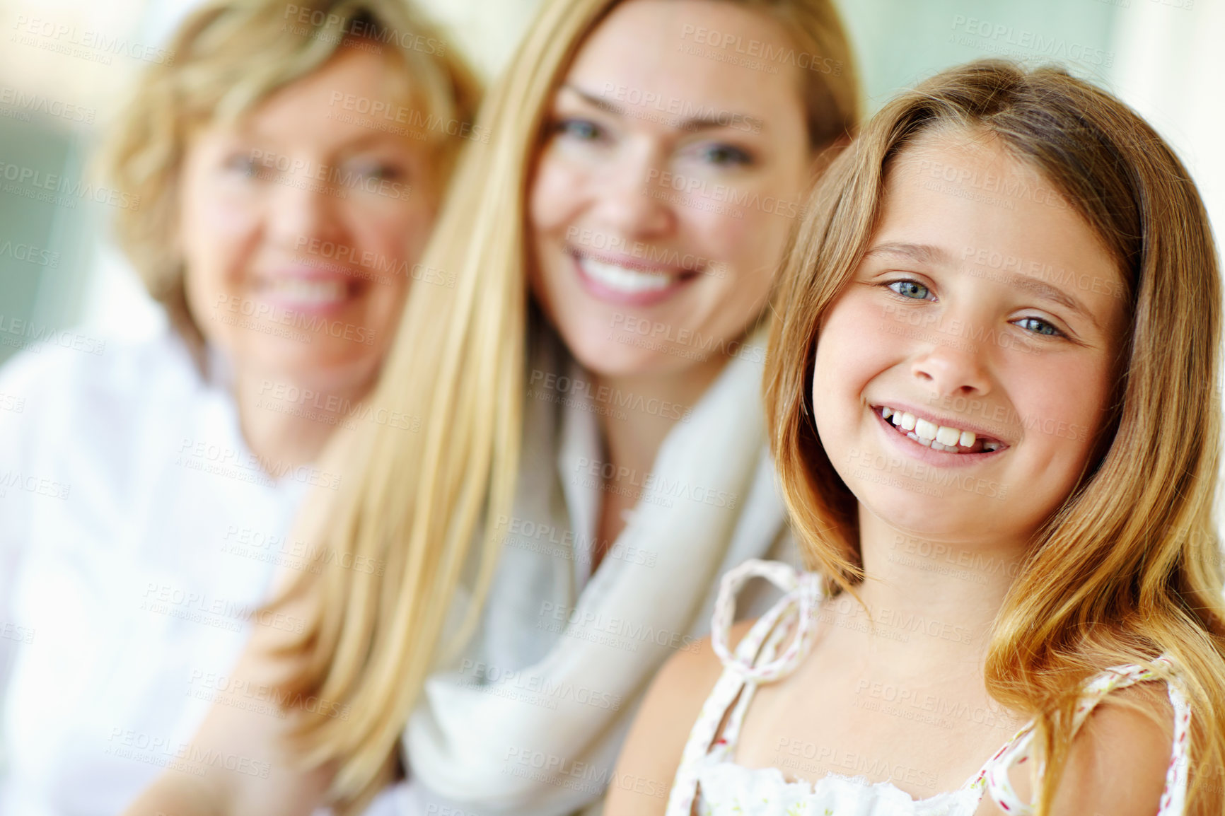 Buy stock photo Girl, happy kid and mother with grandmother in portrait for family generations, love and together. Face, mom and child with grandparent for support, care and smile with women at home in Switzerland