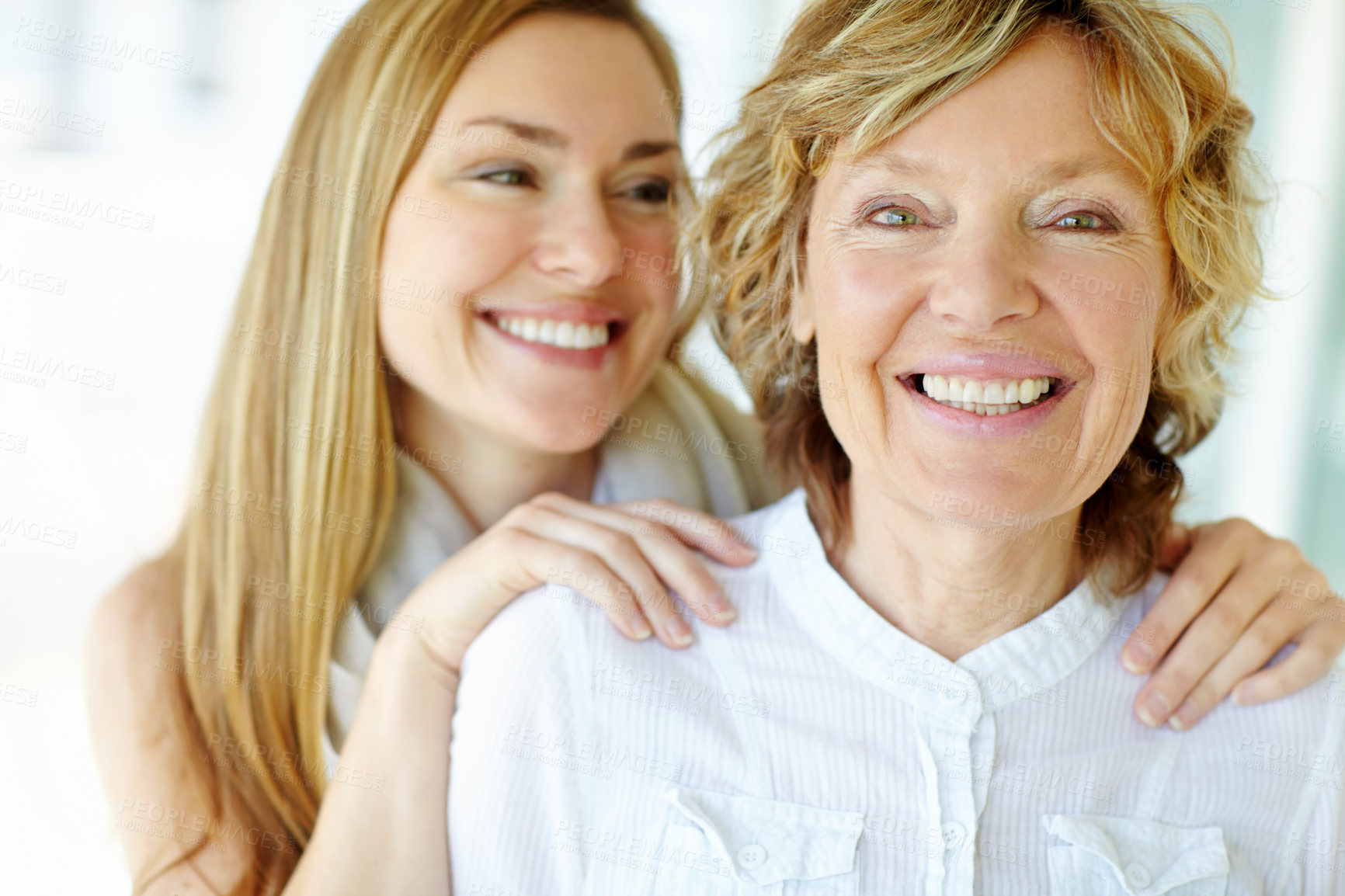 Buy stock photo Portrait, mature mom and daughter in home with morning bonding, smile and confidence in living room together. Relax, senior mother and girl with happy face for love, care and support in apartment