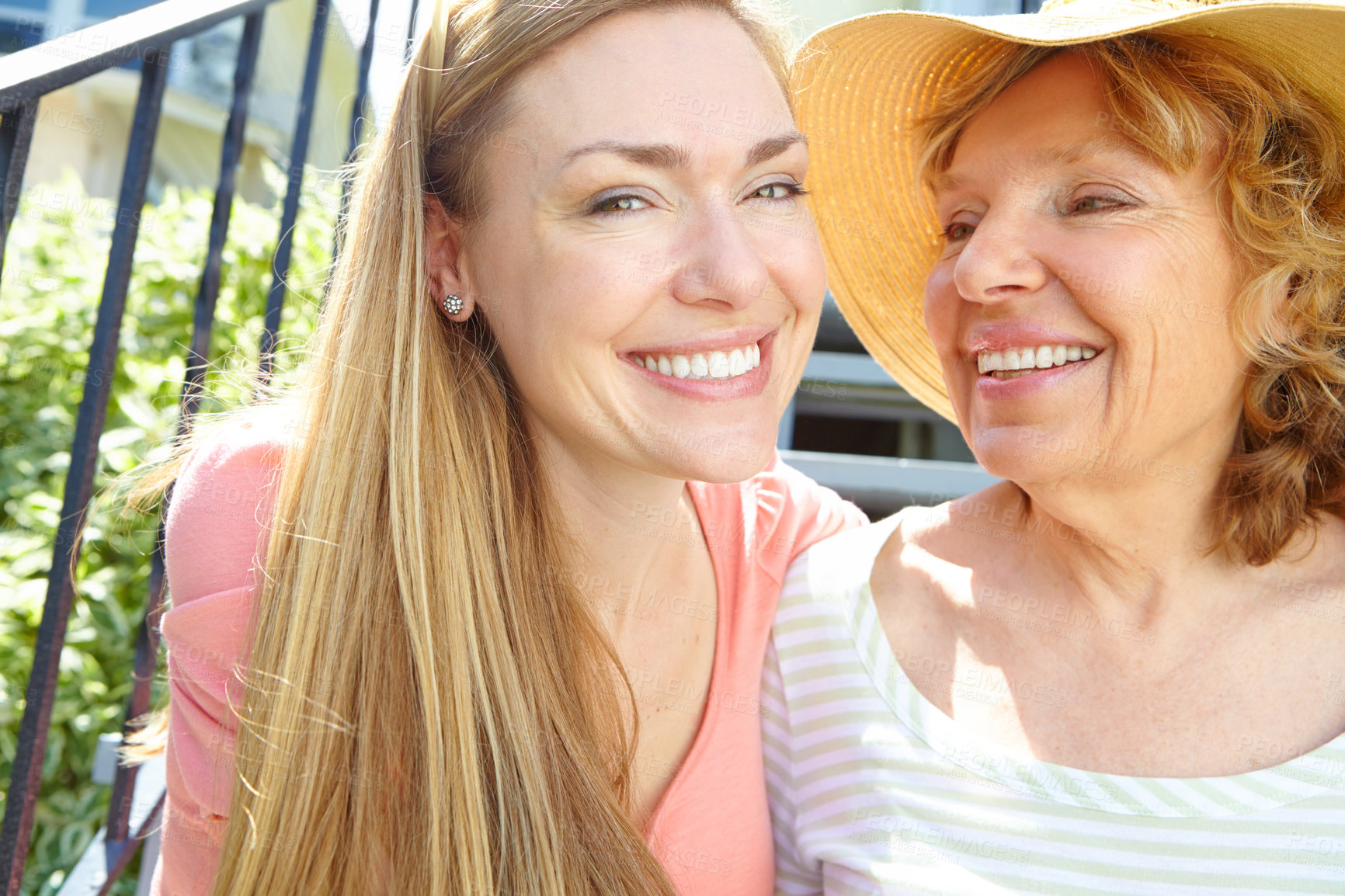 Buy stock photo Stairs, senior mother and daughter with smile for love, support and relax in Germany. People, parent and happy outside at home for summer holiday, break and caring for bonding and respect or embrace