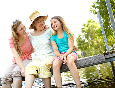 Buy stock photo Happy family, senior woman and child for relax, holiday and vacation in water or river as barefoot. Grandmother, daughter and kid in bonding together for love, support and care as generations in USA