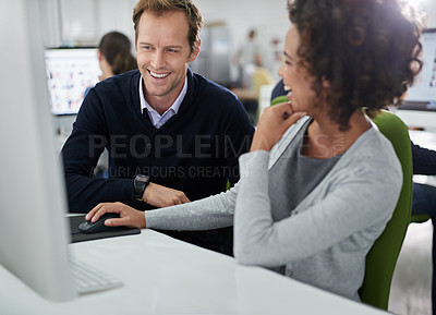 Buy stock photo Computer, people and happy at office for collaboration, teamwork and research as copywriter. Partners, employees and smile for task or project with company, career and job growth on good reviews