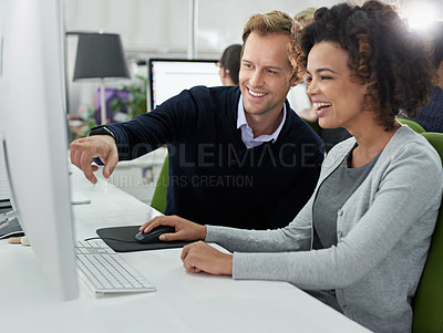 Buy stock photo Computer, people and smile at office for teamwork, collaboration and research as copywriter. Pointing, employees and happy with training or support for company, career and job growth with help