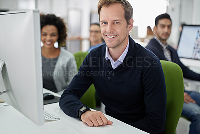 Buy stock photo Portrait, man and colleagues with computer, smile and office as team for company, startup or business. Businesspeople, happy and technology for economy in graphic design, magazine and publication