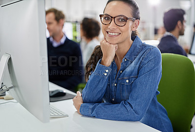 Buy stock photo Portrait, woman and employee with computer, smile and office as workplace for company, startup or business. Female person, happy and technology for IT in web development as designer for employer