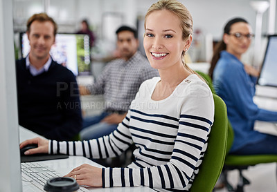 Buy stock photo Computer, woman and smile with confidence at office for career, company and job growth as graphic designer. Portrait, employees and happy with teamwork, collaboration and creativity for project