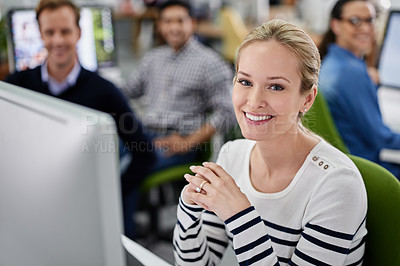 Buy stock photo Woman, portrait and computer in office for project, employee and business report or online. Female person, plan and coworking space for research, smile and proud of marketing agency and sales review