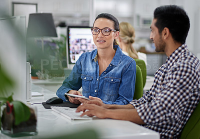 Buy stock photo Typing, discussion and business people in office for creative research on tablet in collaboration. Technology, computer and copywriting team working on public relations project together in workplace.