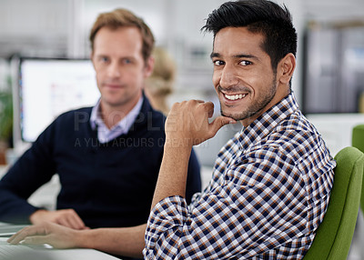 Buy stock photo Office, chat and portrait of coworking businessman with team in cooperation on project. Confident, editor and employee in collaboration at desk with editing news, article or planning magazine media