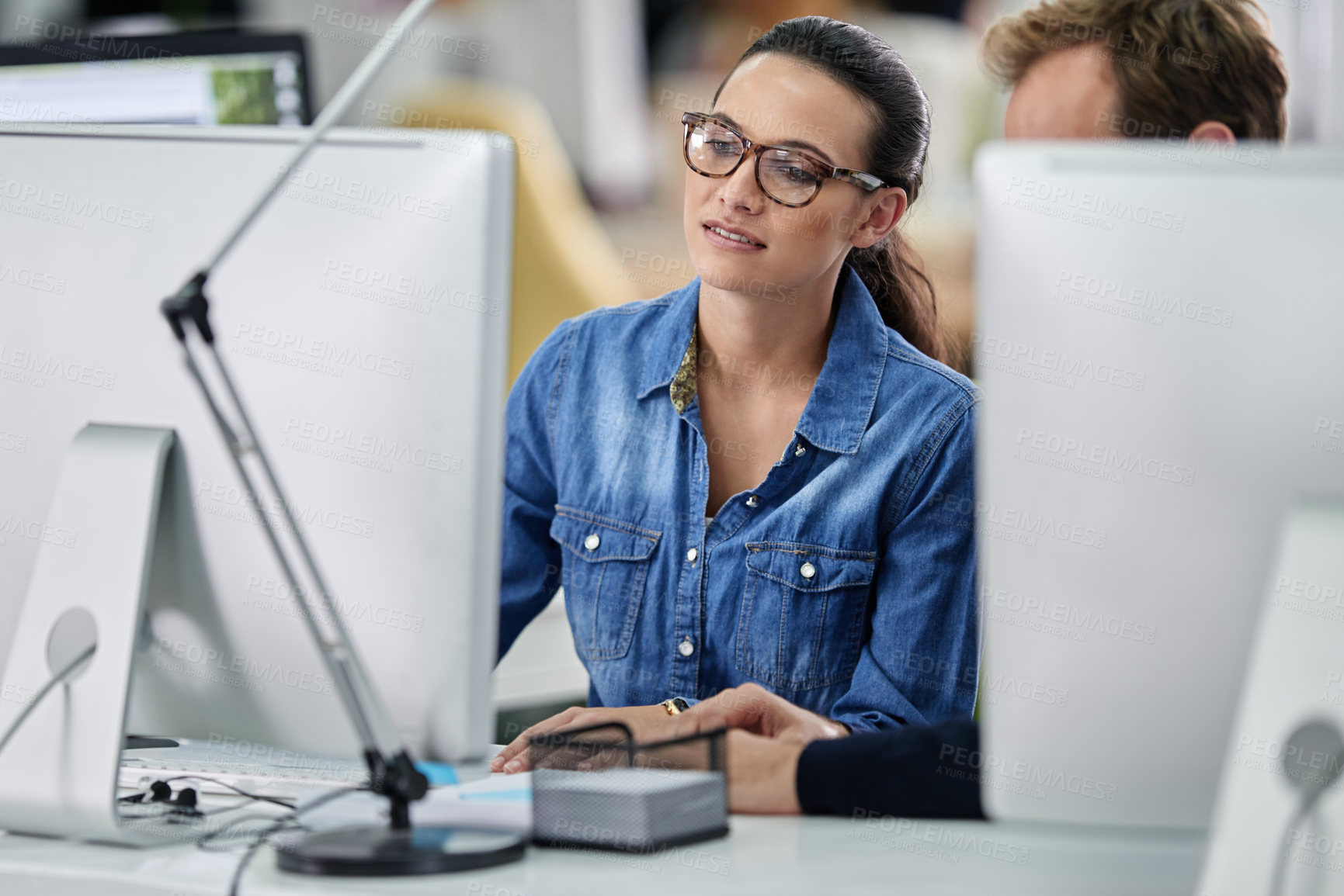 Buy stock photo Computer, woman and research at office with ideas for project, task and vision as graphic designer. People, employee and teamwork or collaboration with training, support and help for career growth