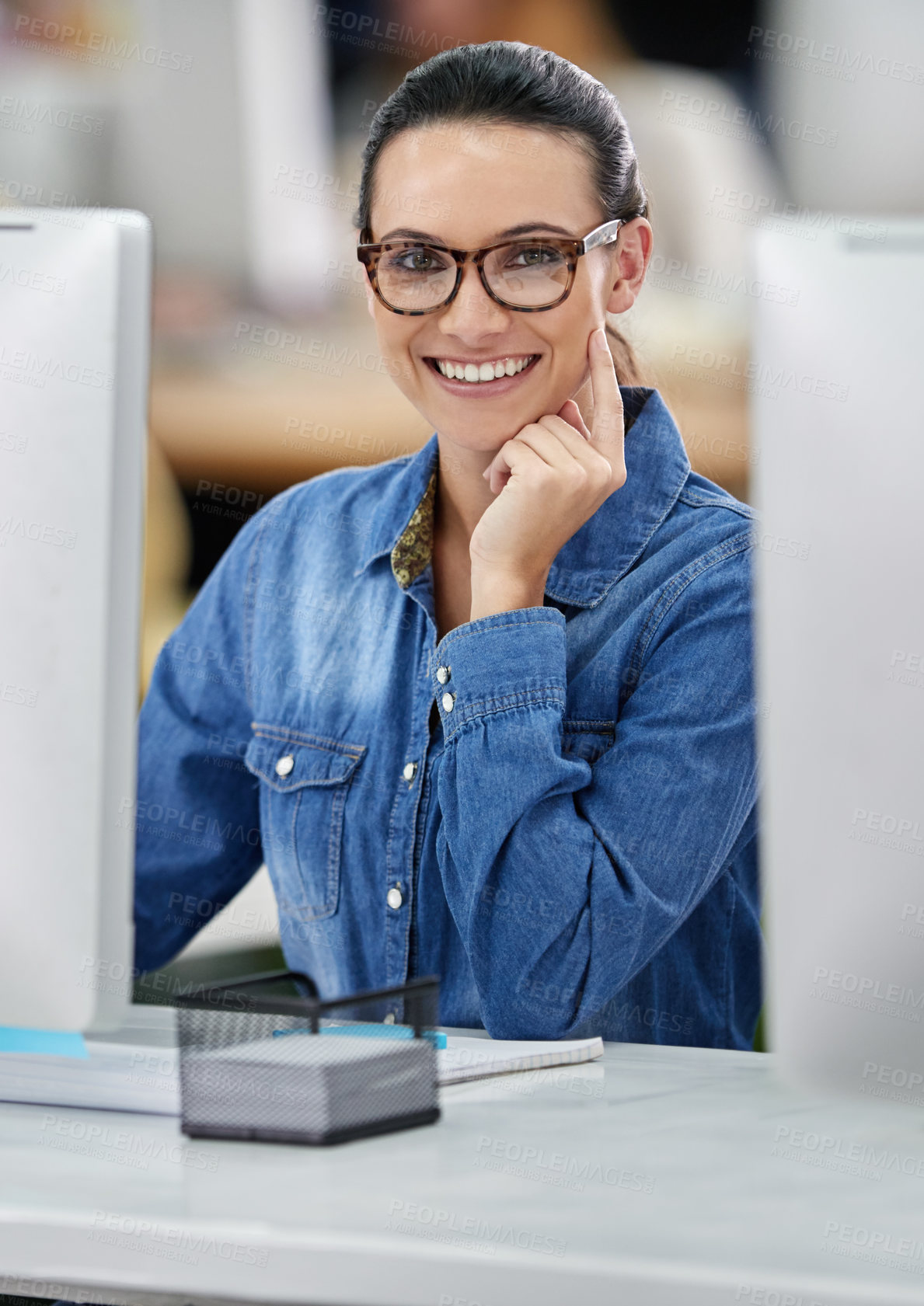 Buy stock photo Designer, portrait and girl in office with computer for online work in creative agency or company. Woman, confident and technology for ui task on multimedia or graphic design project for business.