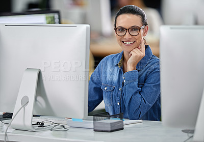 Buy stock photo Designer, portrait and woman in office with computer for online work in creative agency or company. Girl, confident and technology for ui task on multimedia or graphic design project for business.