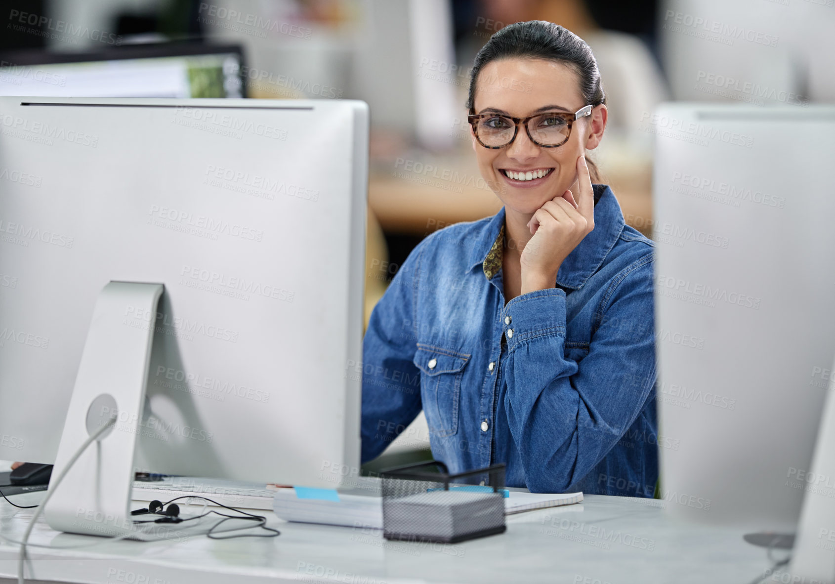Buy stock photo Designer, portrait and woman in office with computer for online work in creative agency or company. Girl, confident and technology for ui task on multimedia or graphic design project for business.