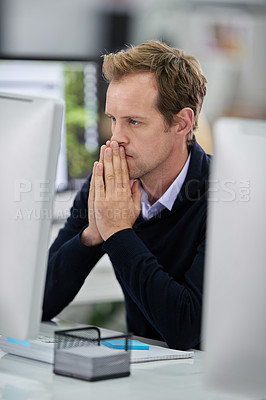 Buy stock photo Serious, businessman and thinking at desk with computer and stress for research or analysis of company project. Male person and employee with tech for creative strategy, idea or solution for proposal