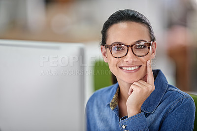 Buy stock photo Woman, happy and portrait with computer in office with pride for career at startup media company. Person, writer or editor with pc, smile and creativity for research, story and magazine at agency