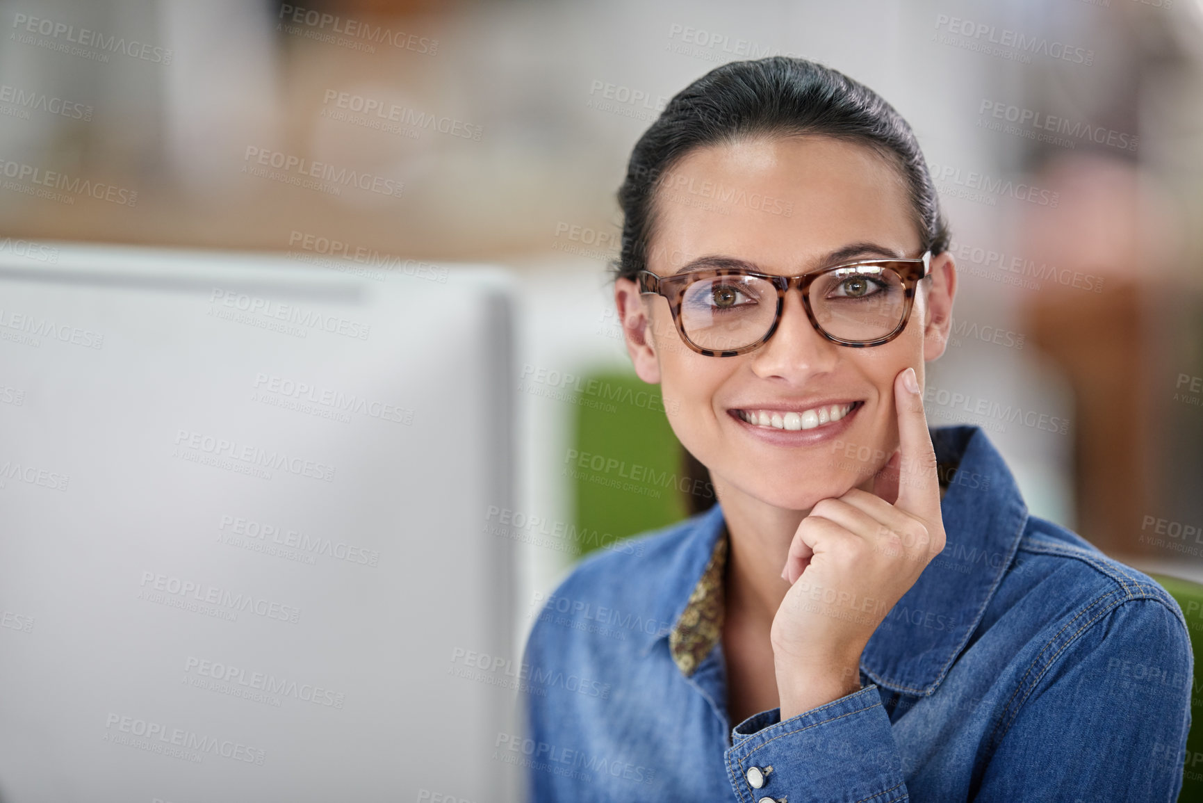 Buy stock photo Woman, happy and portrait with computer in office with pride for career at startup media company. Person, writer or editor with pc, smile and creativity for research, story and magazine at agency