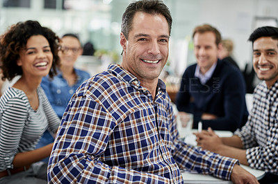 Buy stock photo Coworking, meeting and portrait of creative businessman with team in cooperation on project. Confident, manager and leader of collaboration with team in editing, article or planning news magazine