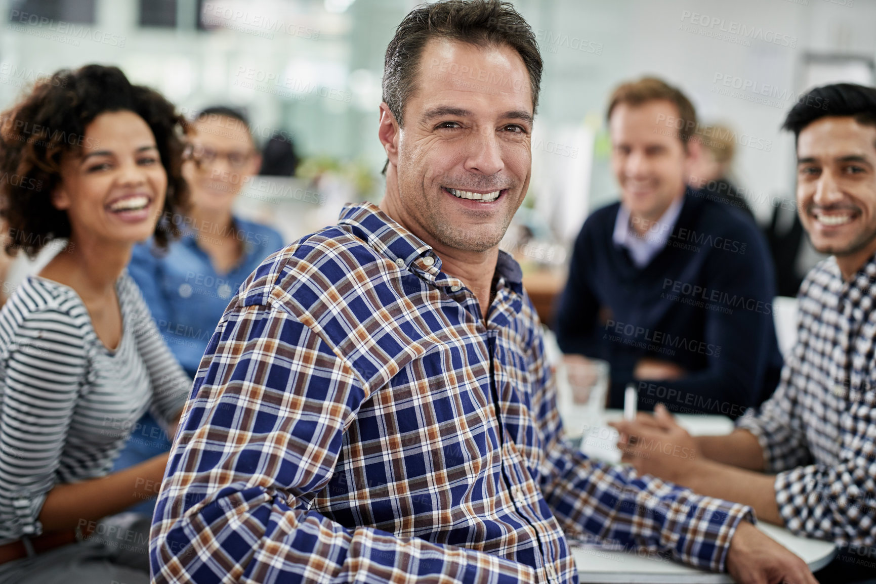 Buy stock photo Coworking, meeting and portrait of creative businessman with team in cooperation on project. Confident, manager and mature leader of collaboration in editing, article or planning news magazine