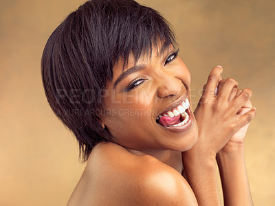 Buy stock photo Portrait, skincare and playful black woman with tongue out, carefree and natural cosmetics in studio. Dermatology, beauty and happy girl with facial care, skin glow and laughing on brown background