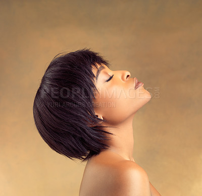 Buy stock photo Calm, beauty and black woman in studio for hair, wellness and scalp cosmetics on brown background. Profile, relax and African model with haircare results, style or texture or growth treatment choice