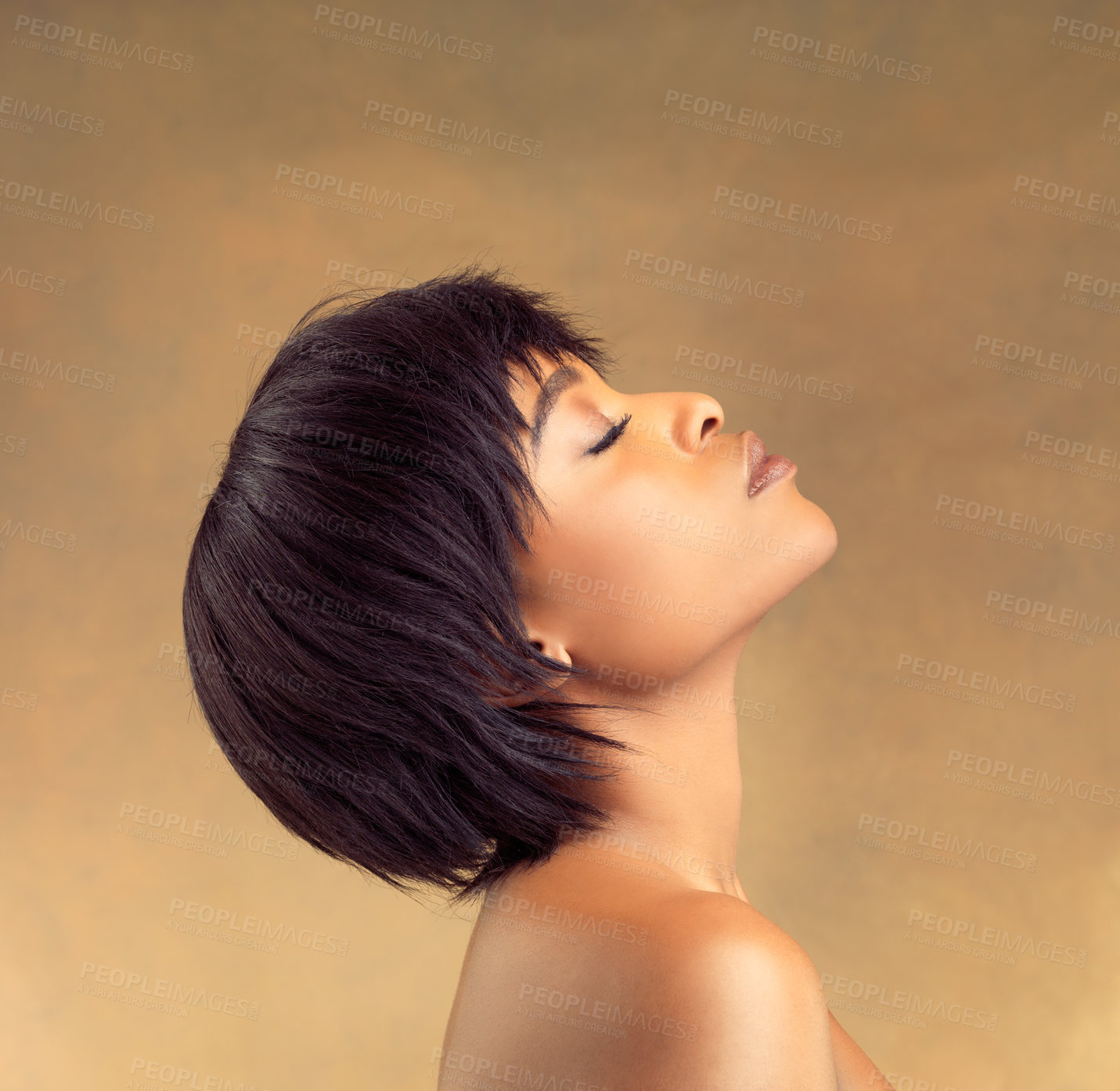 Buy stock photo Calm, beauty and black woman in studio for hair, wellness and scalp cosmetics on brown background. Profile, relax and African model with haircare results, style or texture or growth treatment choice