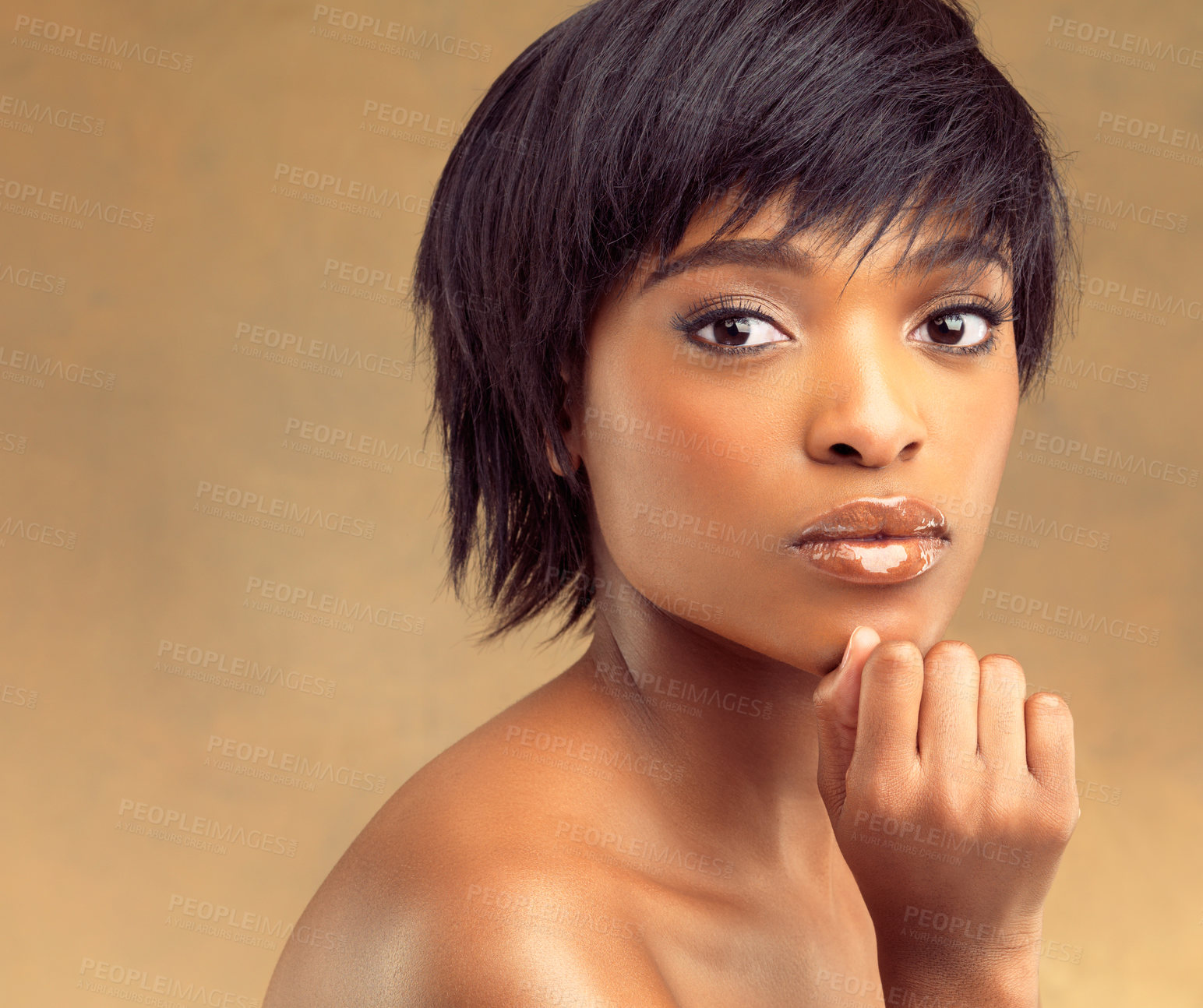 Buy stock photo Makeup, face and portrait of black woman for beauty, skincare or cosmetics isolated on brown background. Happy, glow or African girl for self care, dermatology or natural shine on studio backdrop