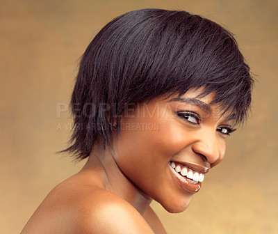 Buy stock photo Beauty, portrait and happy black woman in studio for hair, wellness and scalp cosmetics on brown background. Face, smile or African model with haircare results, style or growth treatment satisfaction