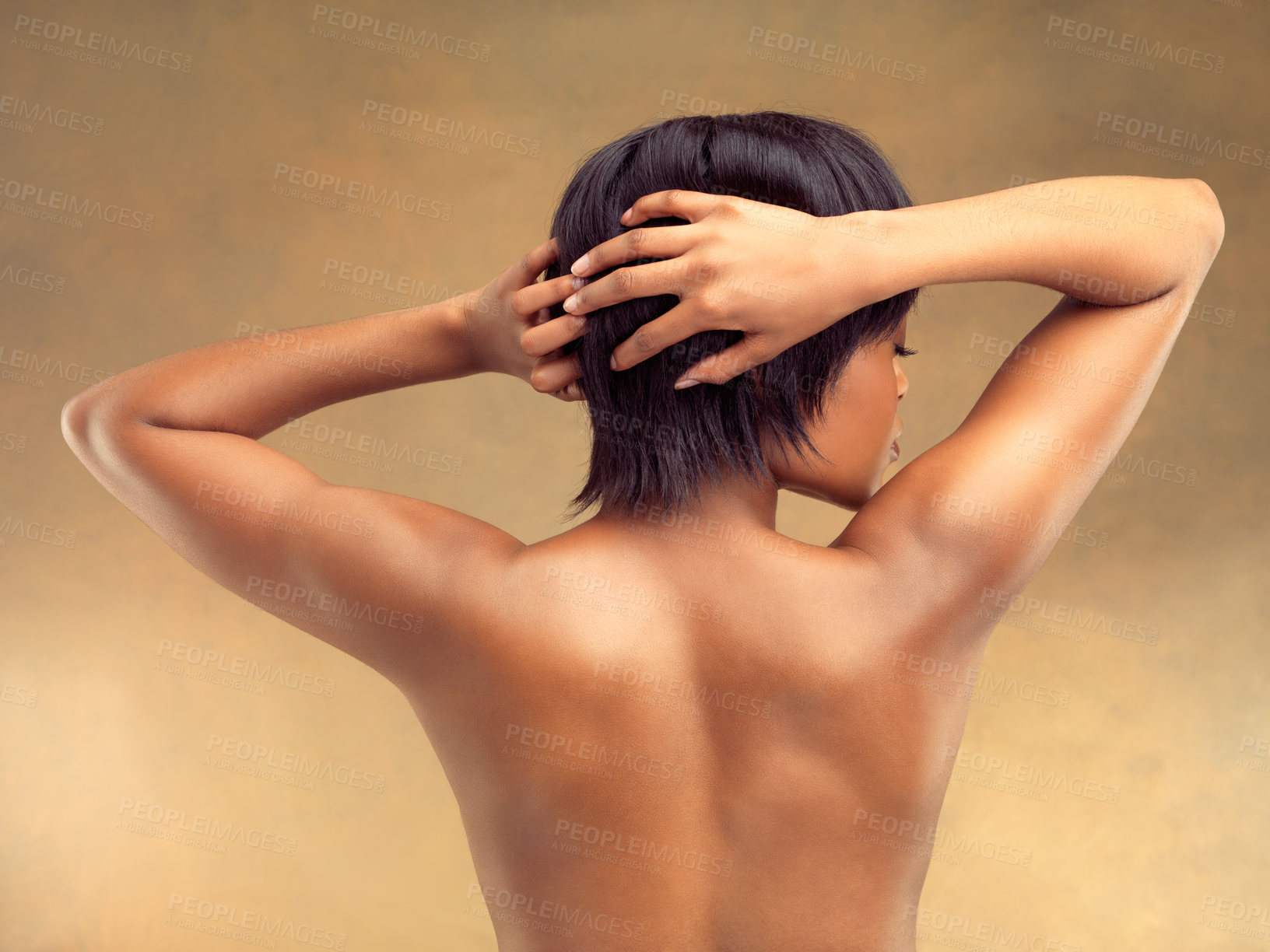 Buy stock photo Beauty, back and black woman in studio, arms up for skincare on brown background. Dermatology, self care and hands for spa or salon treatment for female model, natural cosmetics or grooming for skin