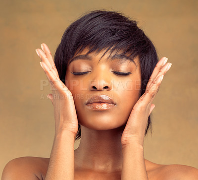 Buy stock photo Touch, self care and black woman for beauty, skincare and cosmetics isolated on brown background. Glow, transformation and girl for wellness, dermatology and natural shine on studio backdrop