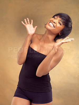 Buy stock photo Hair care, celebrate or excited black woman in studio for keratin growth, healthy shine or surprise. Shock, cosmetics discount or face of happy girl with natural texture or glow on brown background