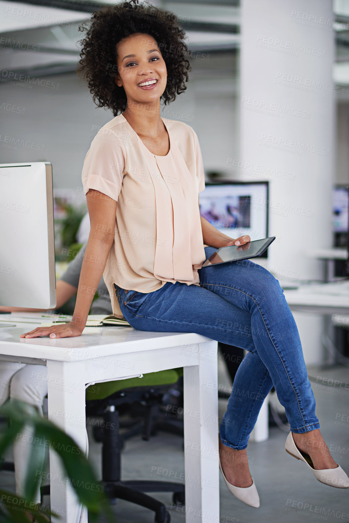 Buy stock photo Businesswoman, happy and portrait on desk in office with tablet, colleagues and workplace. Financial, advisor and kegs crossed in company for work, manager and corporate with technology and notes