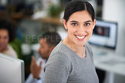 Buy stock photo Portrait, woman and designer in office, creative and smile for work, business and startup of agency. Worker, employee and female person, happiness and joy for position in workplace and confidence