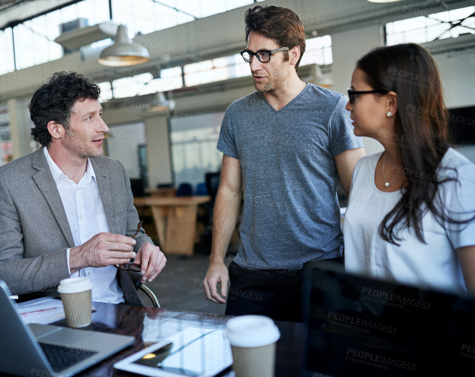 Buy stock photo Businessman, talking and coworkers in office  for company career or professional planning for business strategy with coffee. HR manager, coworkers and discussing for feedback on online project