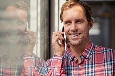 Buy stock photo Man, chatting and phone call in office for business deal with communication, window reflection and design. Agency workplace, tech and mobile in hand for speaking conversation, contact and discussion